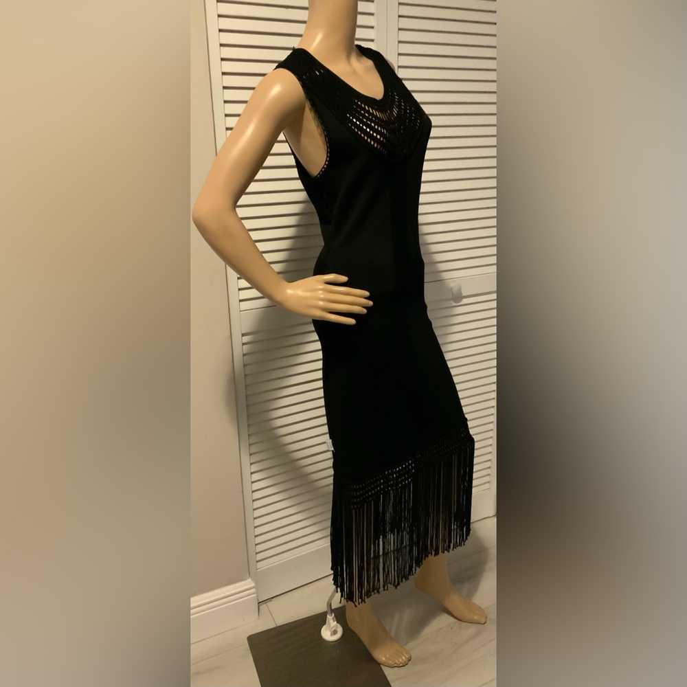 Yoana Baraschi Black Maxi Dress with Crochet & Fringe – Size Small NWOT